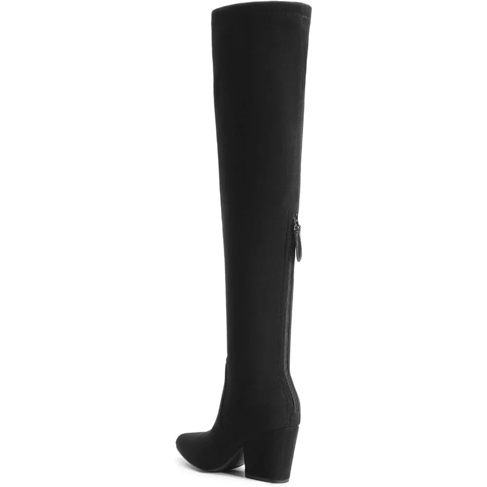 Women's Black-Suede Thigh High Knee Chunky Pointed Toe Long Block Heel Boot